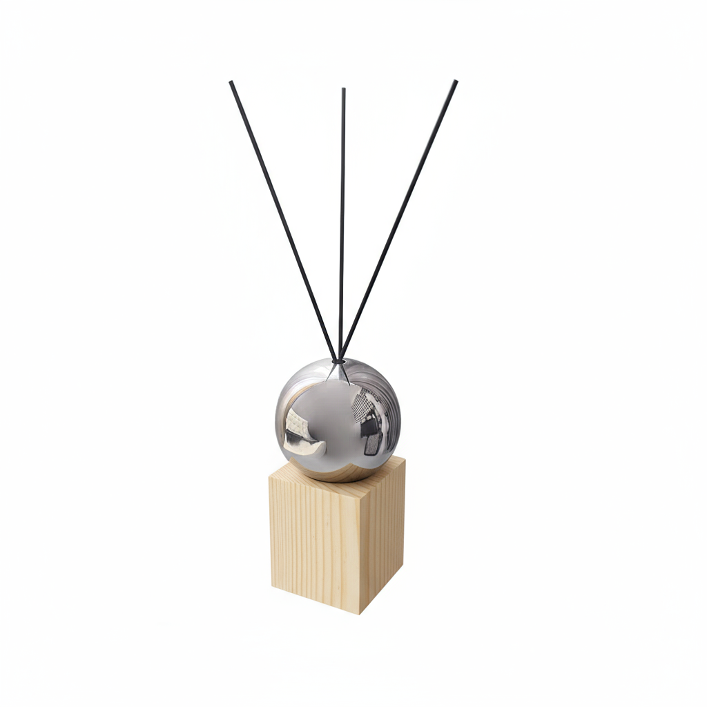 Natural wood refillable essential oil diffuser bottle on white background