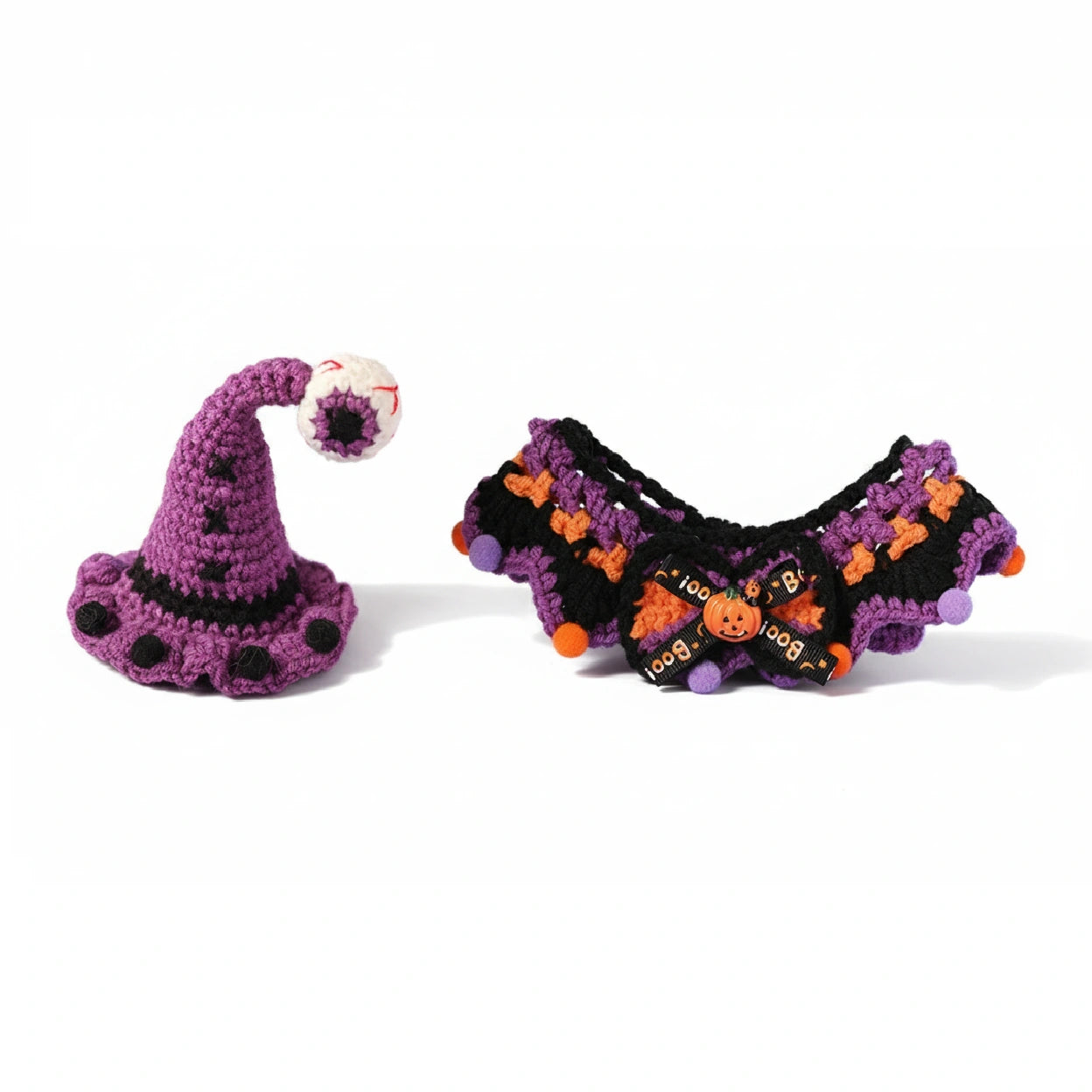 Purple and black knitted Halloween costume set for pets on white background. Features a purple collar and a matching pointed hat with a bat decoration.
