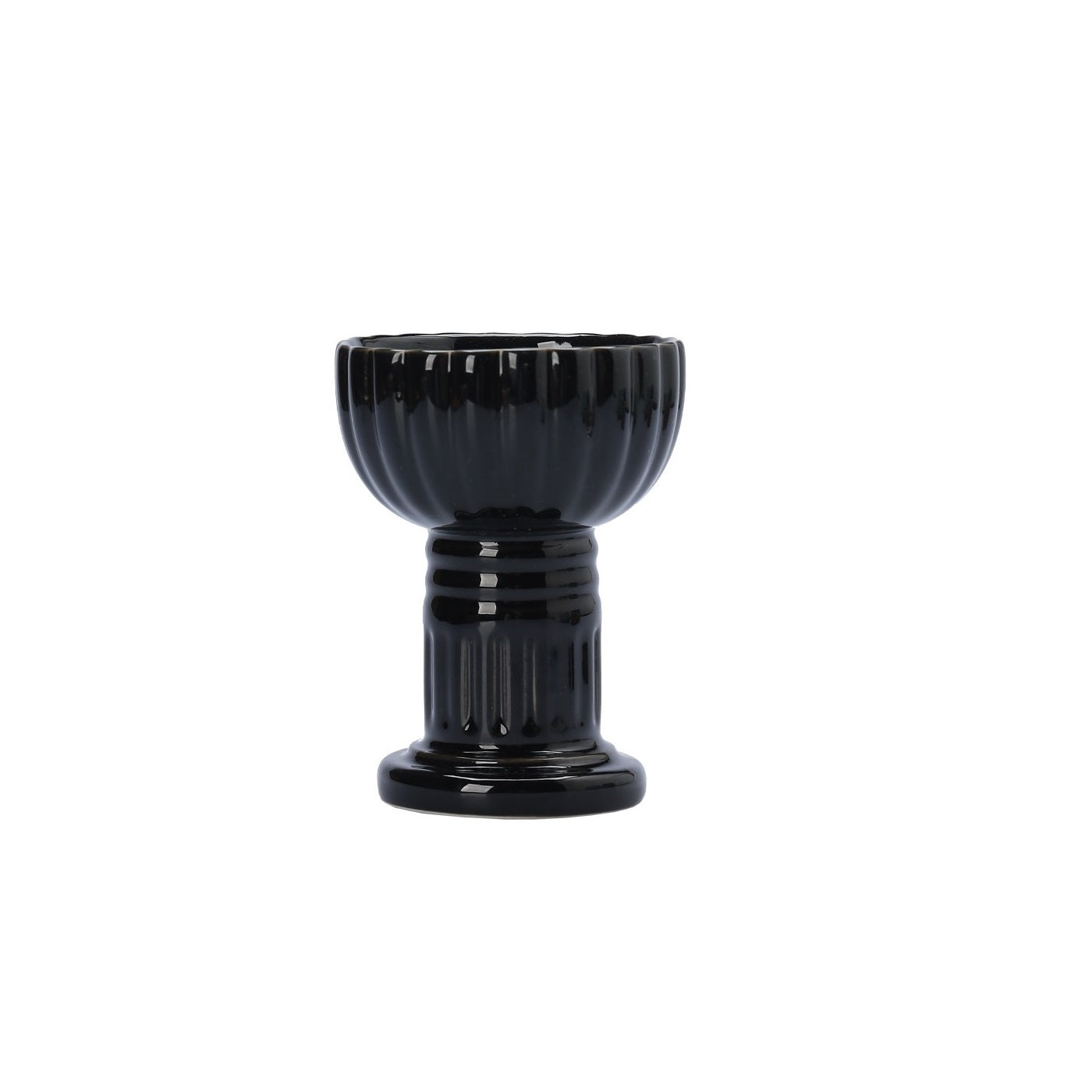 Black ceramic candle cup with vertical striped design, for holding tealights or votive candles.