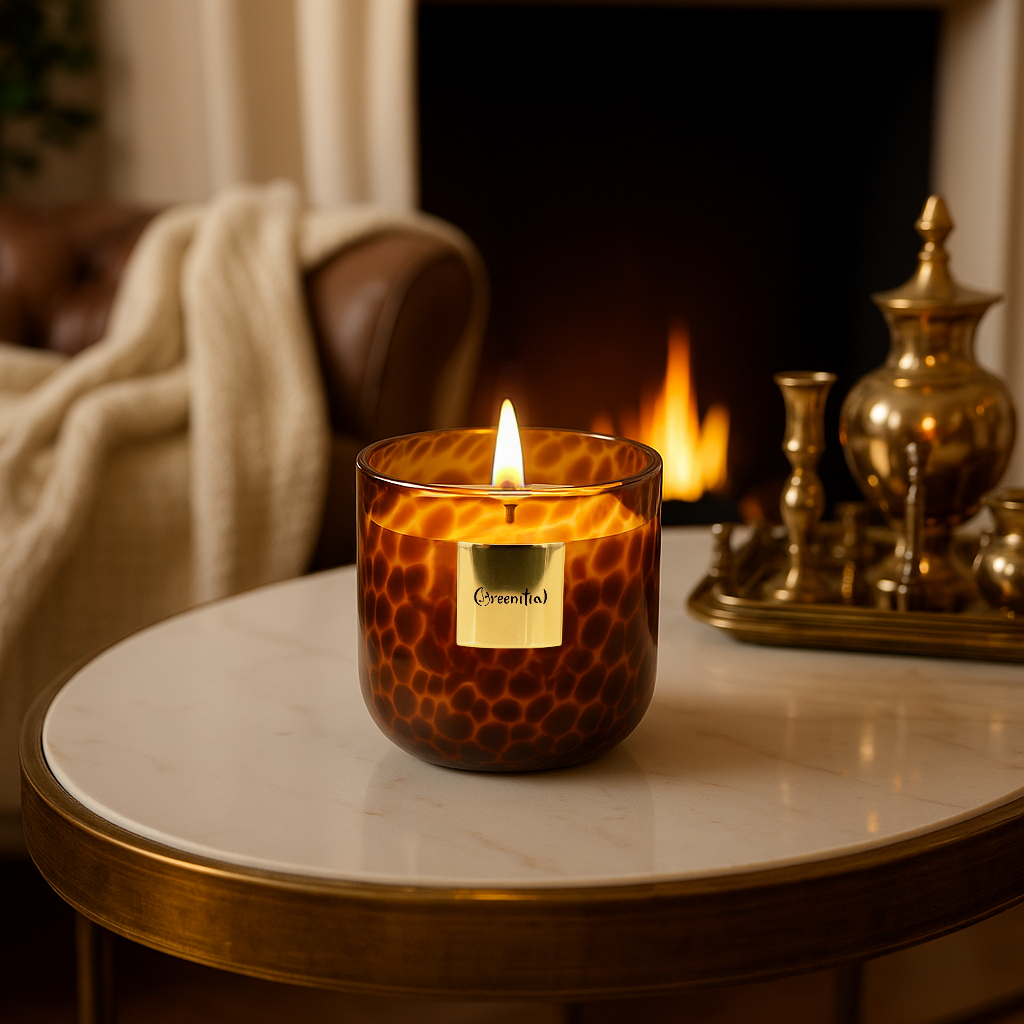 The Greenitial leopard-glass candle glowing warmly on a mantle in front of a fireplace, creating a cozy and inviting atmosphere.