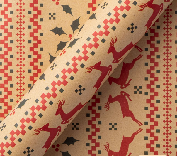 Christmas gift wrap with a cream-colored background and cheerful red reindeer patterns, for a rustic holiday look.