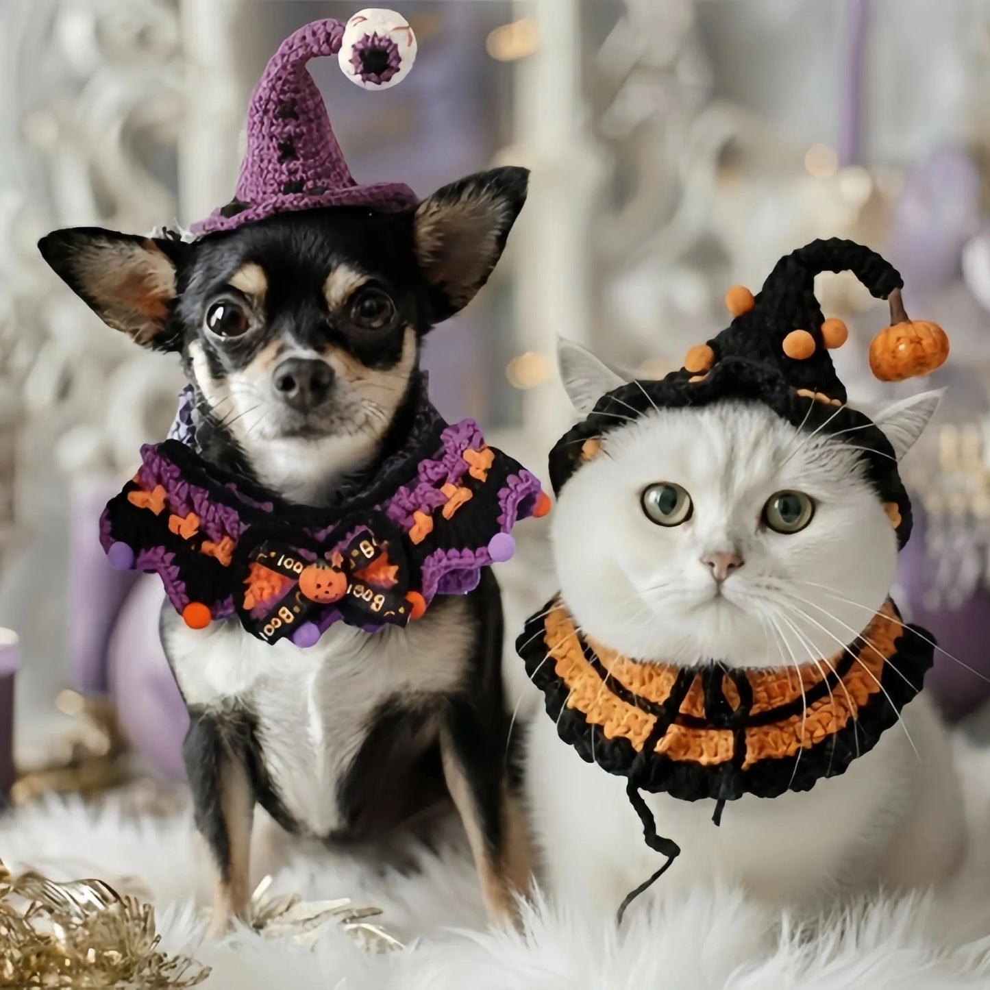 A cat and a dog wearing knitted Halloween costumes, including a collar and a pointed hat, looking at the camera.