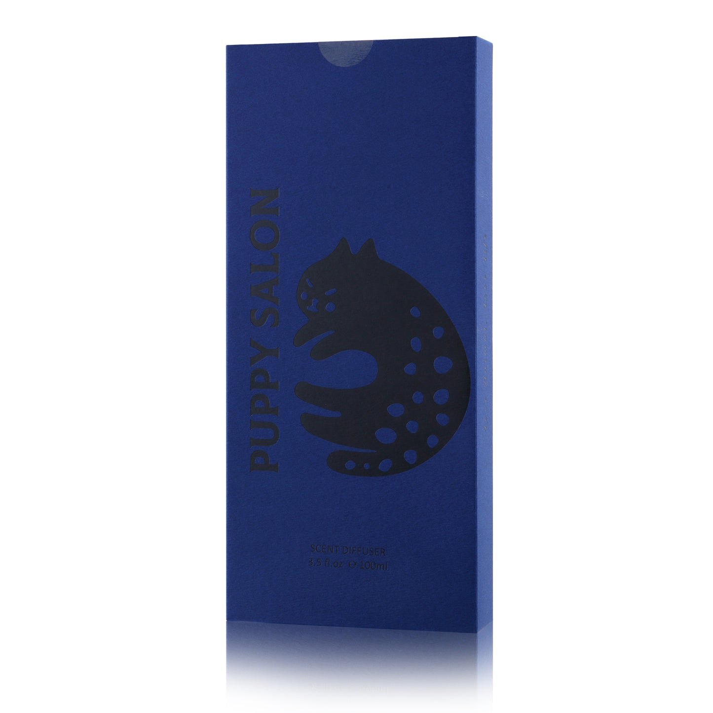 The elegant blue gift box for the Puppy Salon cat-inspired reed diffuser, perfect for gifting.