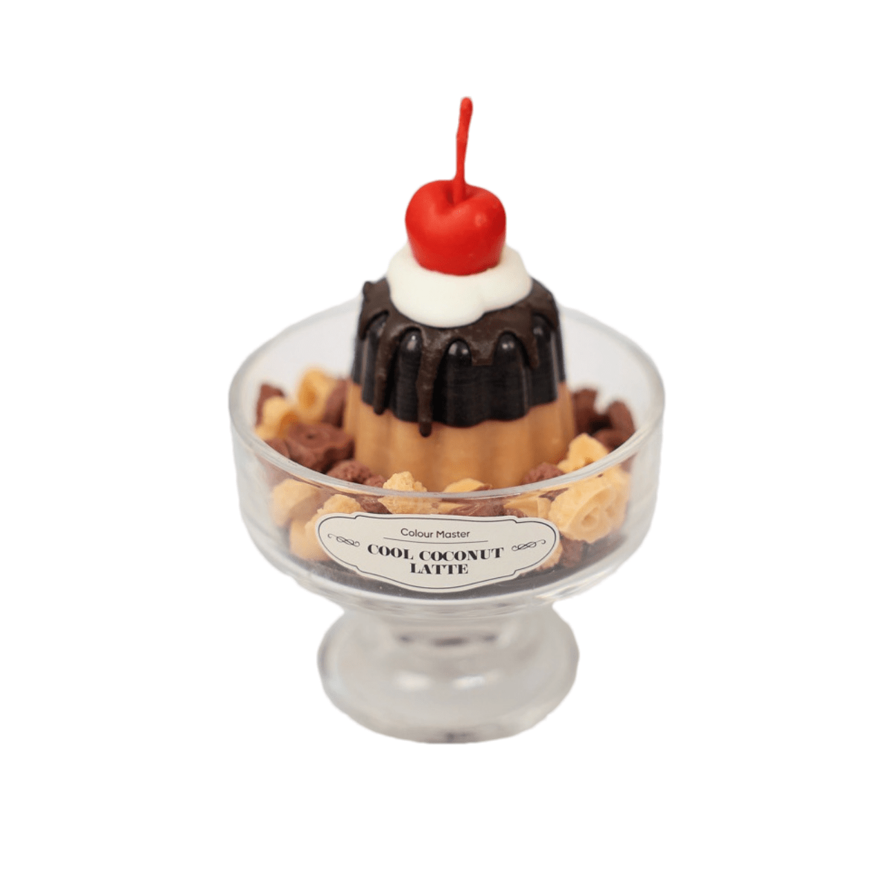 A realistic cherry pudding shaped scented candle. A decorative and fragrant home decor item or unique gift idea.