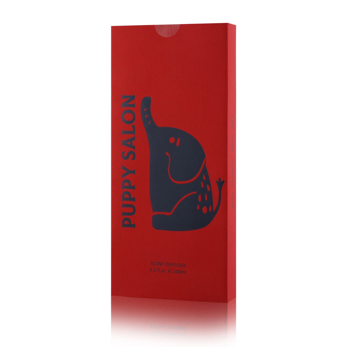 The bold red gift box for the Puppy Salon 'Journey of the Elephants' reed diffuser, ready for presentation as a luxurious gift.