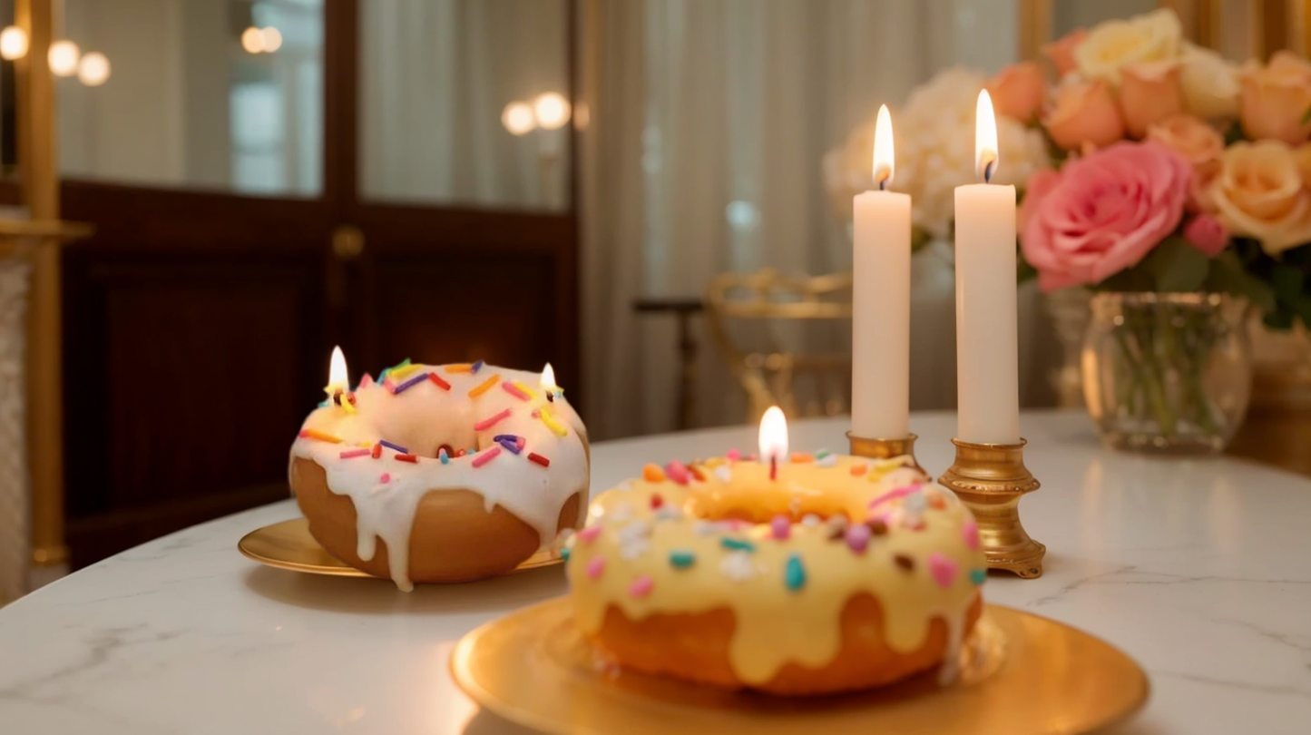 Creating a charming atmosphere for an afternoon tea party with the decorative donut-shaped candles as a centerpiece.