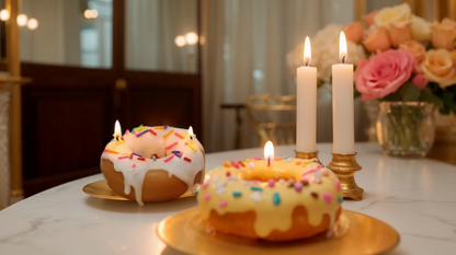Creating a charming atmosphere for an afternoon tea party with the decorative donut-shaped candles as a centerpiece.
