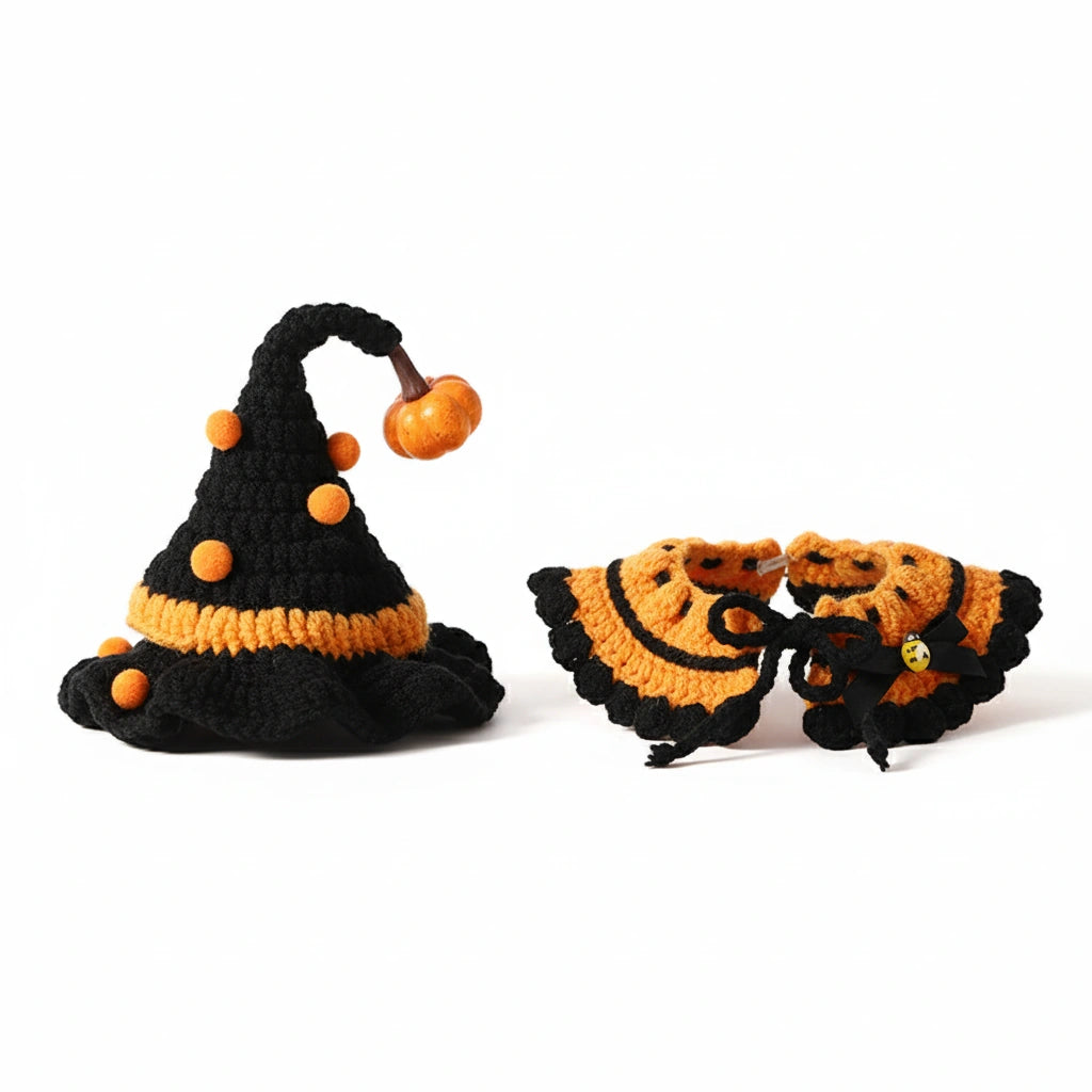 Classic Halloween pet costume set including an orange and black knitted collar and a matching pointed witch hat for dogs and cats.