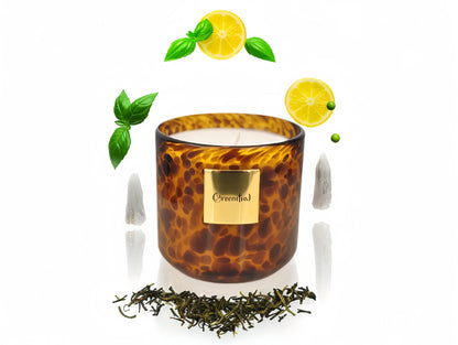 Fragrance notes pyramid for the Greenitial candle: Top notes of Bergamot and Spicy Green Notes, a floral heart of Tea and Jasmine, on a base of earthy Pine, Ambergris, and Fir Balsam.