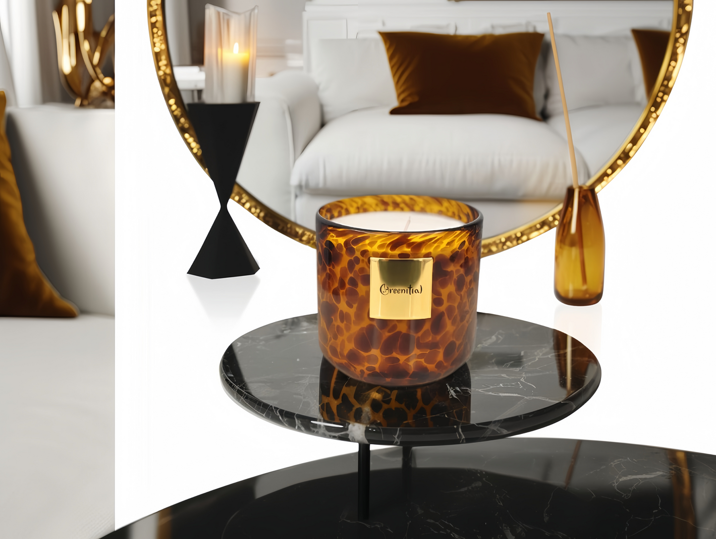 The Greenitial leopard glass candle on a modern living room table, creating a cozy ambiance.