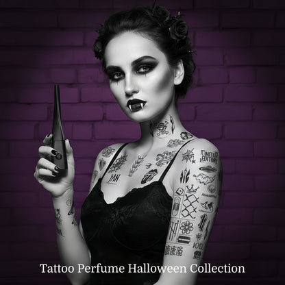 A vampire-styled female model holding the Halloween Tattoo Perfume, embodying the dark and alluring scent for costume parties.