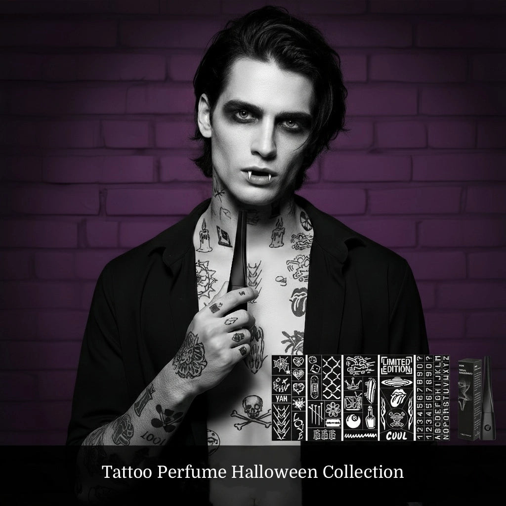 A vampire-styled male model holding the Halloween Tattoo Perfume, showcasing the dark gothic fragrance for Halloween party nights.