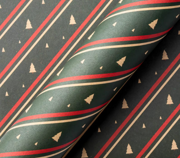 Festive wrapping paper featuring a striped background and classic Christmas tree designs in traditional colors.