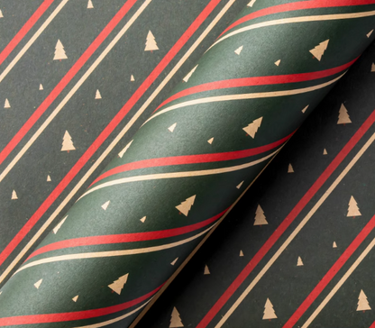 Festive wrapping paper featuring a striped background and classic Christmas tree designs in traditional colors.