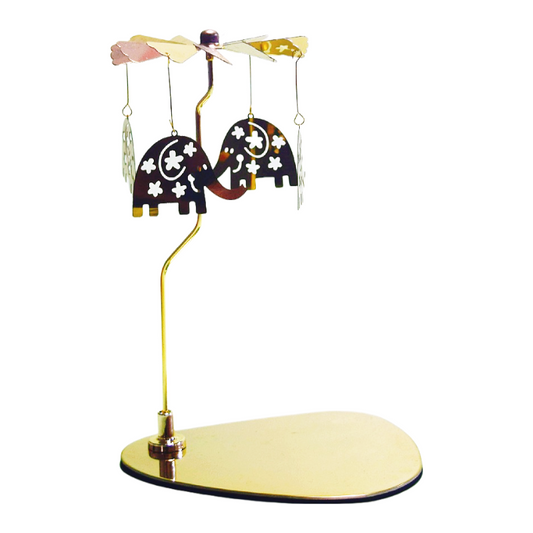 Gold metal rotary candle holder with an elephant design. Uses heat from candles to spin and create dynamic shadows.