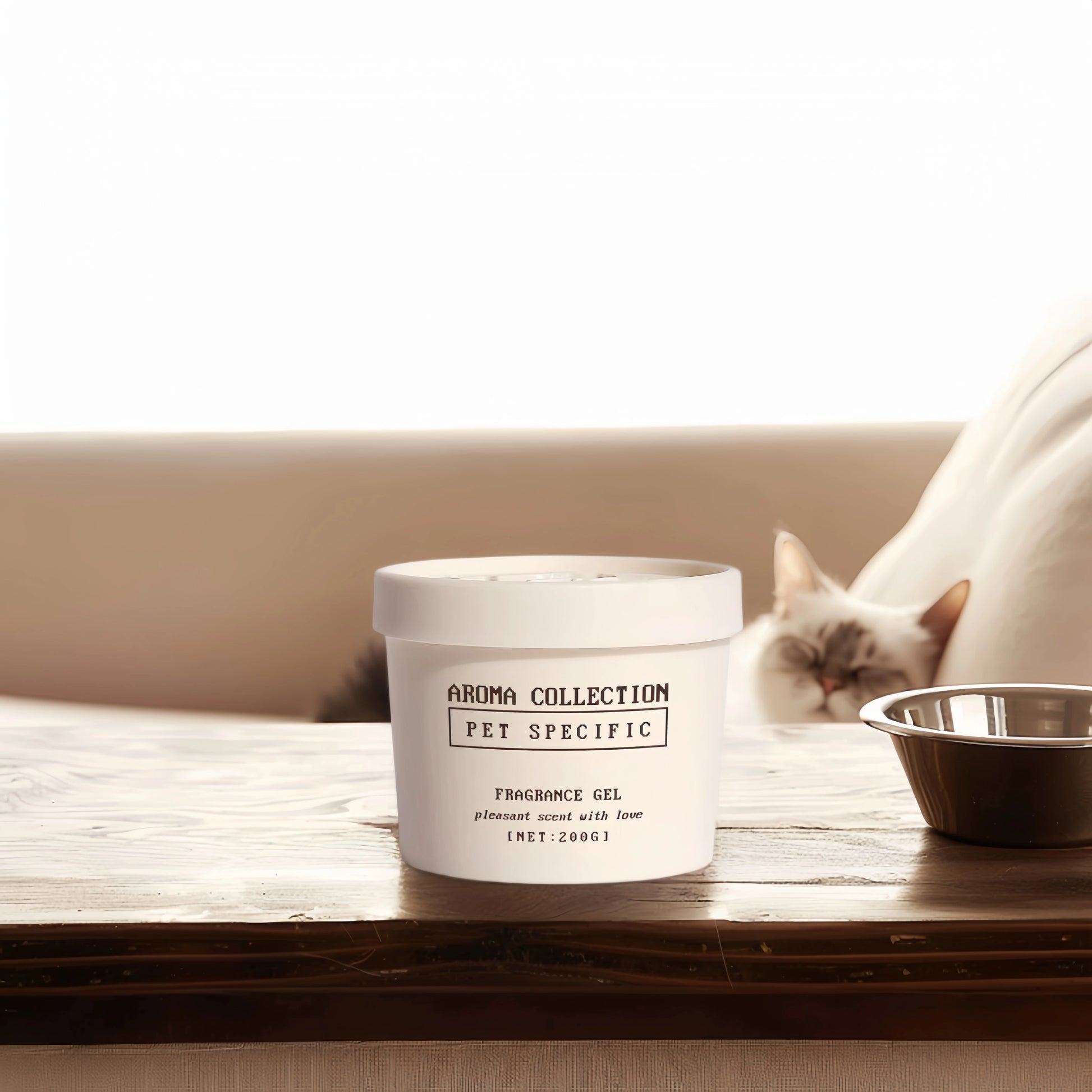 A cat relaxing peacefully near the Vanilla scented pet odor eliminator gel in a cozy bedroom setting.