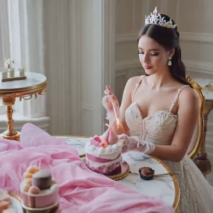 An elegant afternoon tea scene featuring a woman lighting and enjoying the realistic peach cake shaped scented candle, showcasing its use in creating a sophisticated atmosphere.