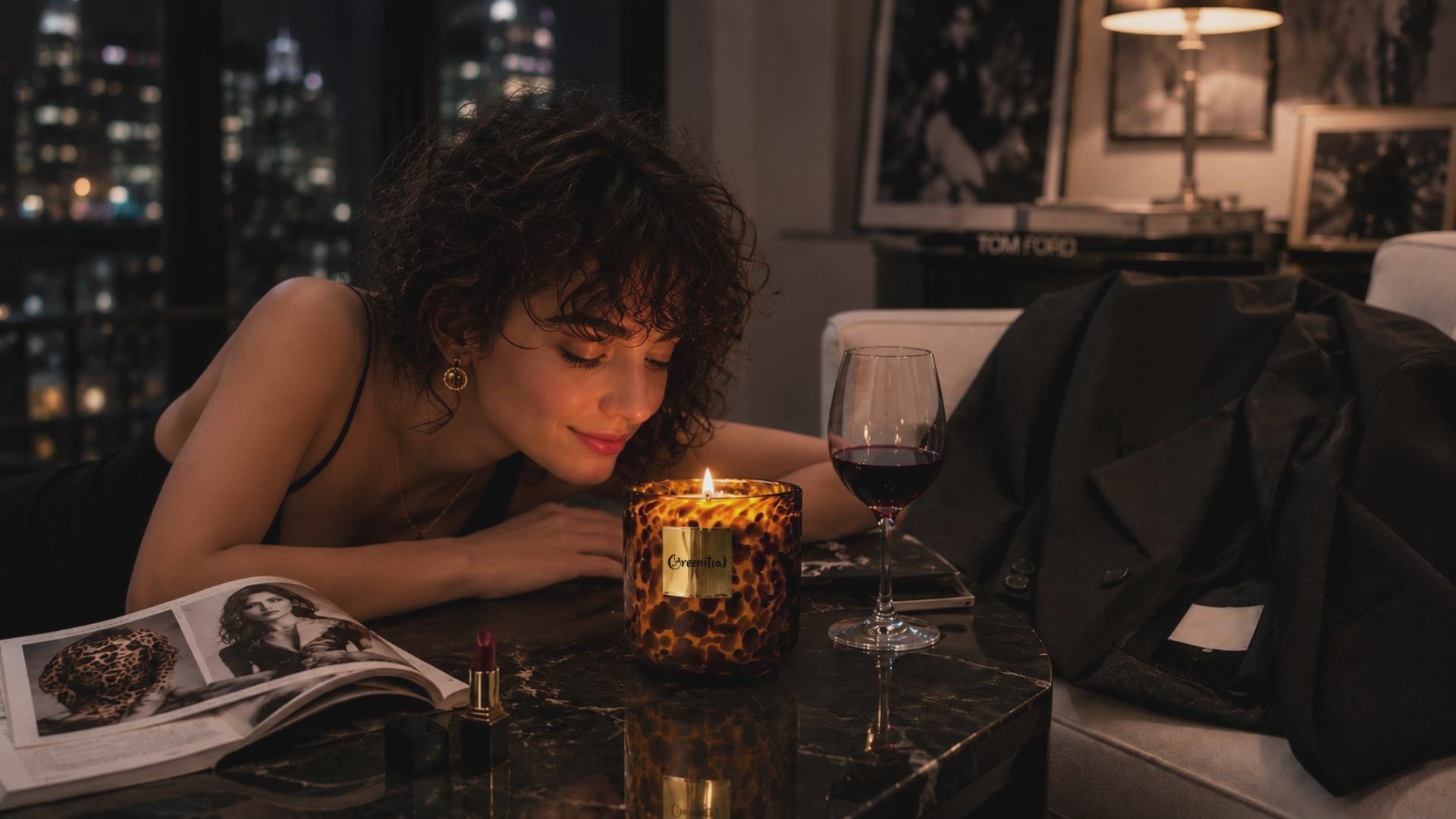 A warm cinematic fragrance film capturing the soft wild side of modern femininity — where leopard textures, candlelight, jazz ambiance, and quiet luxury transform an ordinary city night into a sensual self-care ritual.