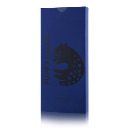 The elegant blue gift box for the Puppy Salon cat-inspired reed diffuser, perfect for gifting.