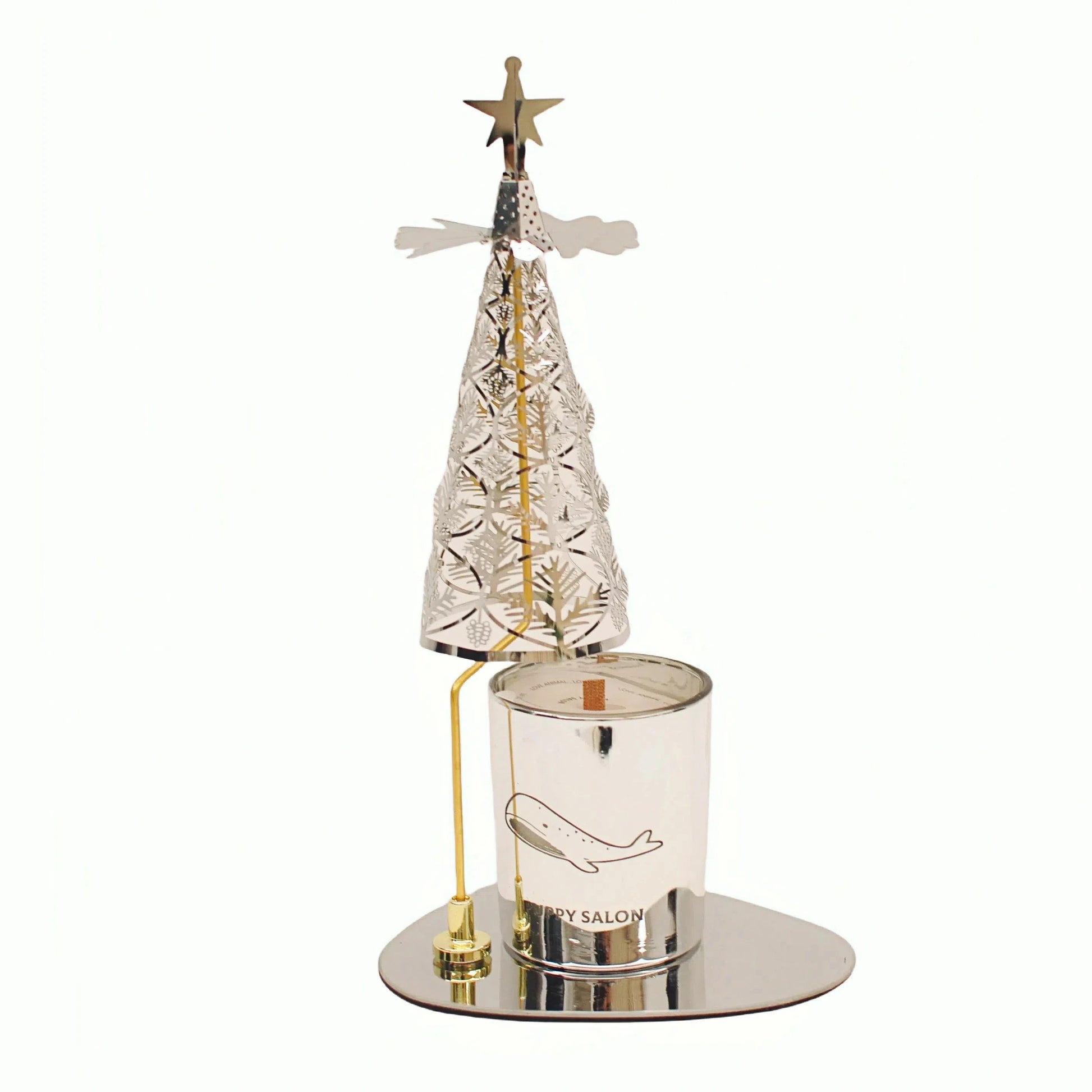 Silver pine tree rotary candle holder with a matching silver candle, ready to create a dynamic spinning display when lit.
