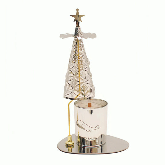 Silver pine tree rotary candle holder with a matching silver candle, ready to create a dynamic spinning display when lit.