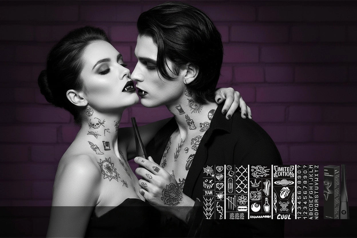 A couple with the Halloween Tattoo Perfume, capturing the dark & gothic fragrance perfect for Halloween events and night parties.