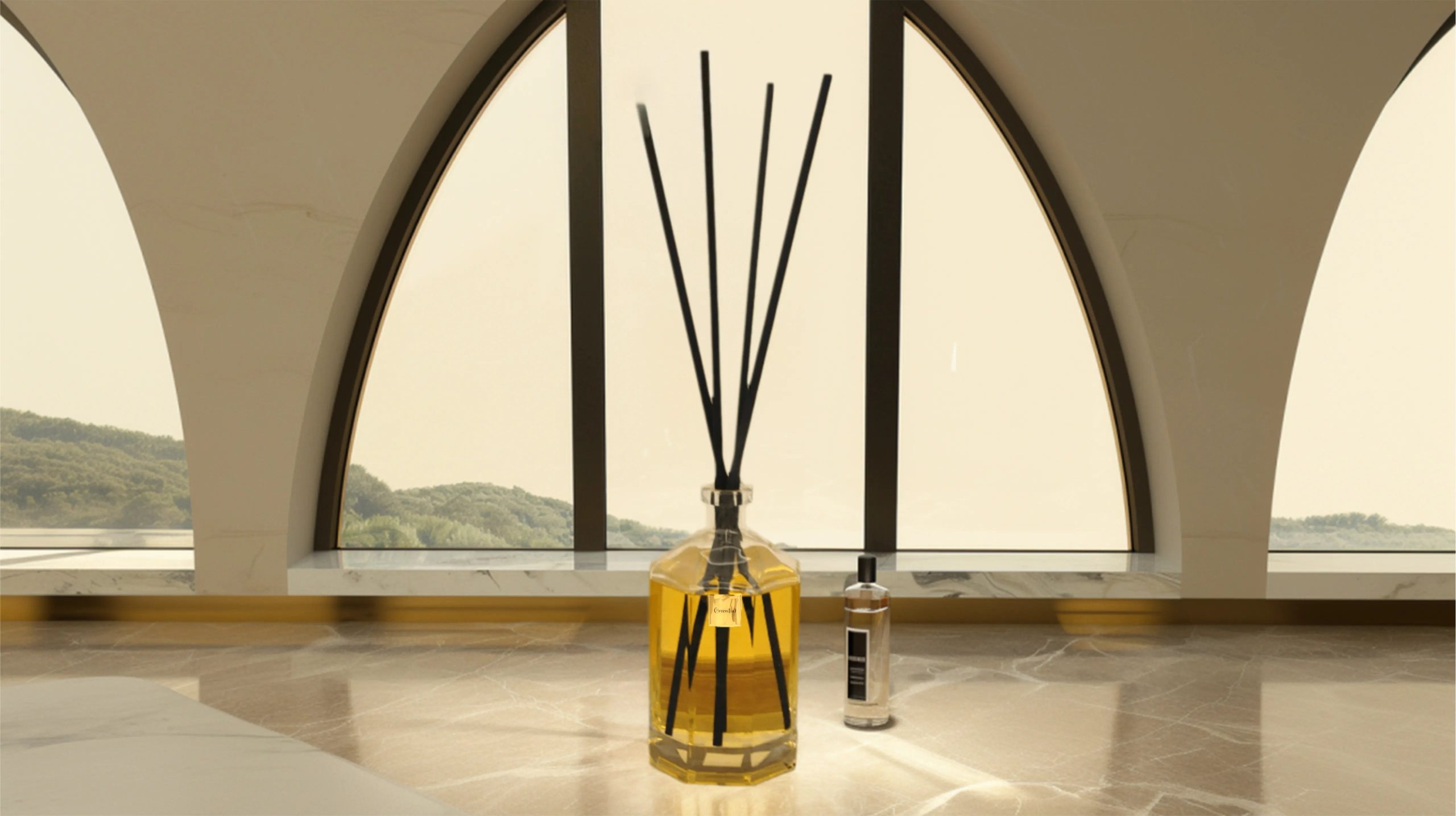 Reed diffuser in a luxury hotel lobby